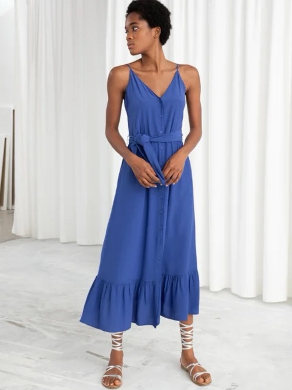 & Other Stories Cobalt Blue Button Front Maxi Dress with Tie Waist and Pockets